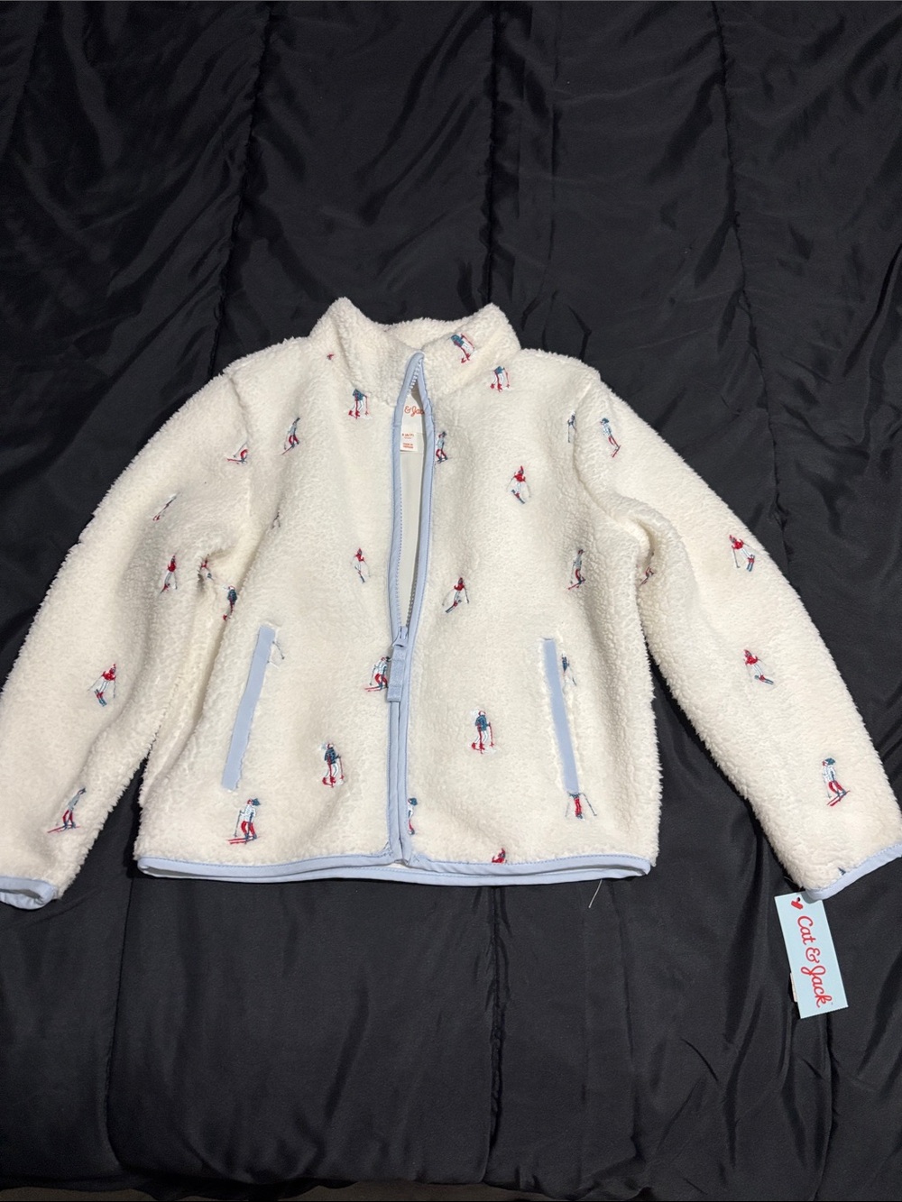 Cat & Jack Cream Sherpa Jacket with Light Blue Trim and Ski Motif